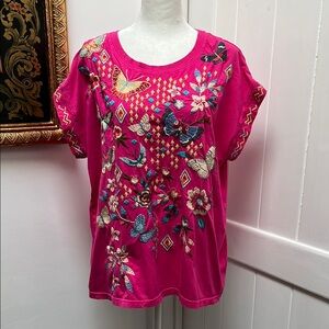 Johnny Was Mariposa Fushia Pink Floral Butterfly Relaxed Cotton T-Shirt